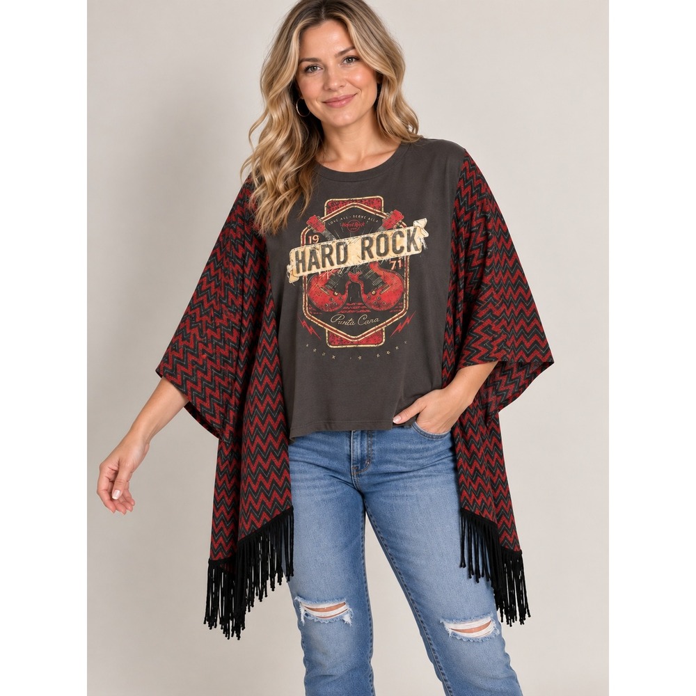Upcycled Hard Rock Cafe Punta Cana Graphic OOAK T-Shirt Fringe Top O/S